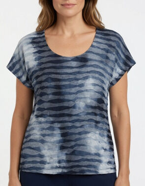 Chico's Size Large Blue Gray Wavy Mesh Tie Dye V Neck Cap Sleeve Art To Wear Top